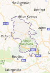 Map highlighting the Chiltern Hills Area of Outstanding Natural Beauty (AONB) and nearby self storage options in relation to cities like Oxford, London, and Milton Keynes.
