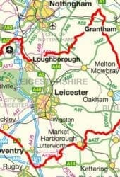 A roadmap highlighting a route with a red line around Leicester, passing through Loughborough and near Nottingham and Derby, suitable for planning self storage locations.
