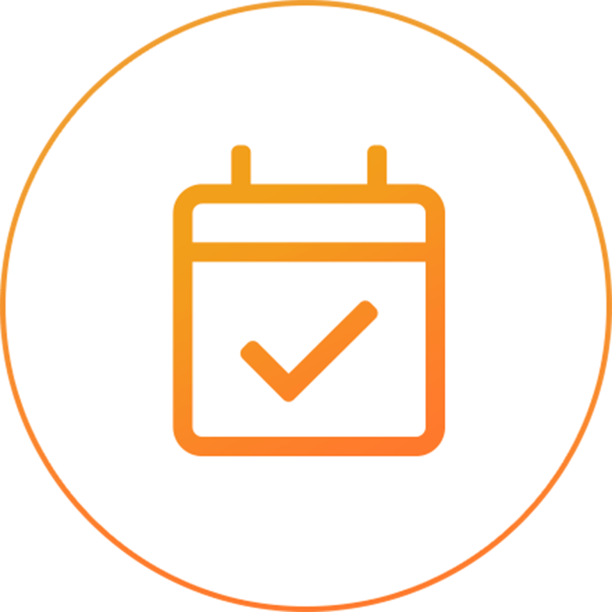 An icon featuring a calendar with a checkmark on it, set against a light blue background within a white circle, symbolizing scheduled storing.
