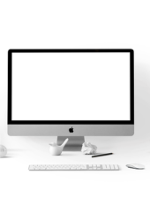 Minimalist workspace setup with a desktop computer, keyboard, various desk accessories, and modern gadgets on a white background, ideal for storing essential work items efficiently.