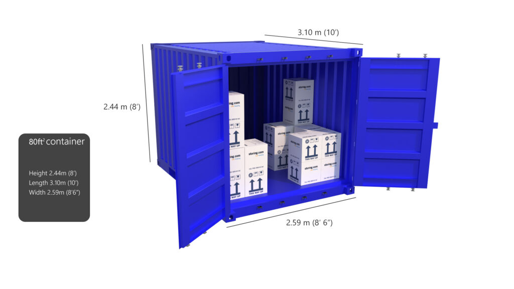 “Secure blue Storing.com self-storage containers near Oakley, Bedfordshire with rural countryside background”