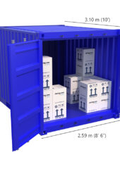 “Secure blue Storing.com self-storage containers near Oakley, Bedfordshire with rural countryside background”