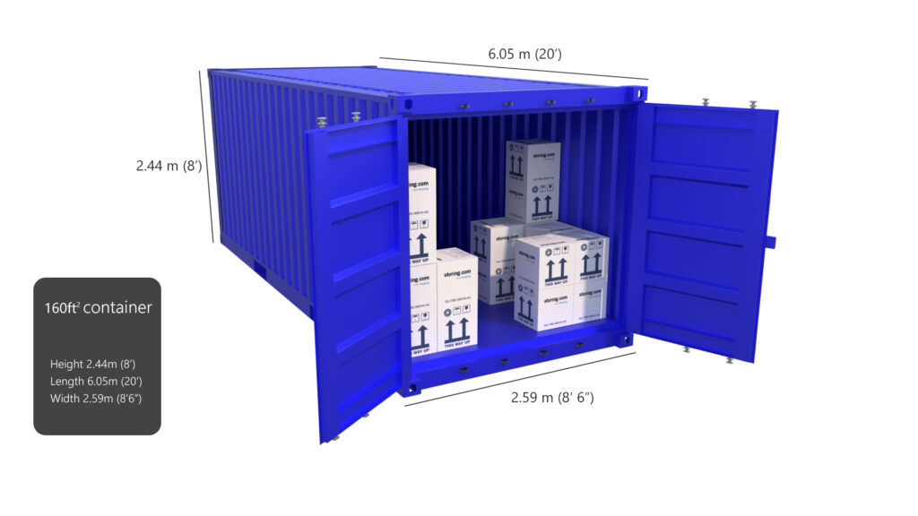 A blue 160ft³ shipping container with doors open, revealing stacked boxes inside. Labels on boxes include upward arrows. Dimensions: 2.44m high, 6.05m long, 2.59m wide.
