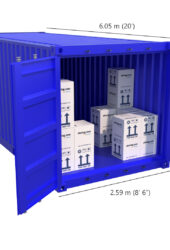 A blue 160ft³ shipping container with doors open, revealing stacked boxes inside. Labels on boxes include upward arrows. Dimensions: 2.44m high, 6.05m long, 2.59m wide.