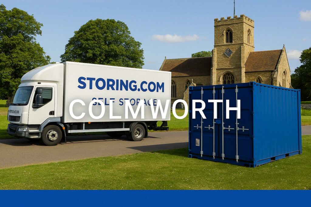 Moving truck and blue storage container sit on a road beside a green lawn with a stone church and trees in the background.