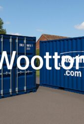 Two blue shipping containers on pavement with the word "Wootton" overlaid in large white text. One container displays a company logo and website. Trees and a building are in the background.