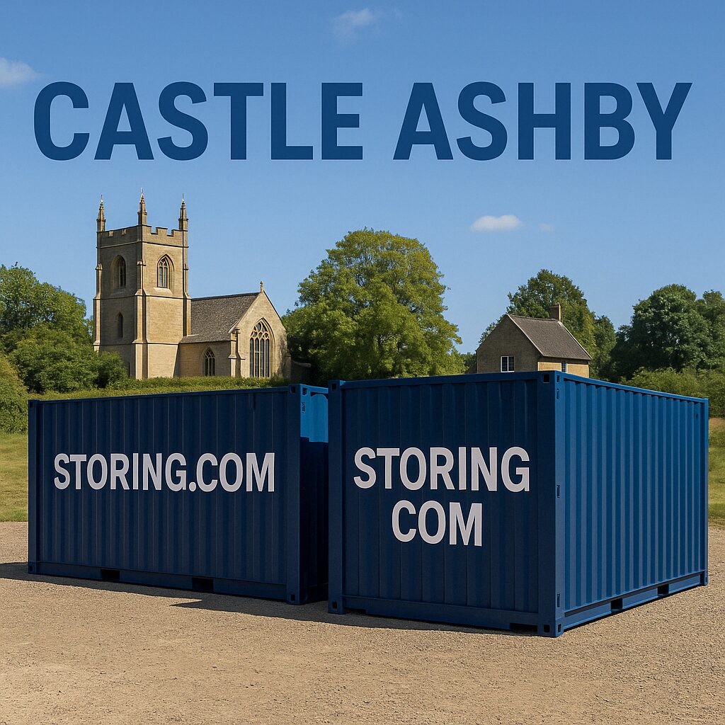 Two blue storage containers labeled "STORING.COM" sit on a gravel lot with a church and trees in the background. The text "CASTLE ASHBY" appears at the top of the image.