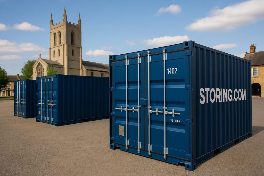 “Blue Storing.com self-storage containers near Olney, Buckinghamshire with church and historic town buildings in the background”