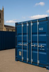 “Blue Storing.com self-storage containers near Olney, Buckinghamshire with church and historic town buildings in the background”