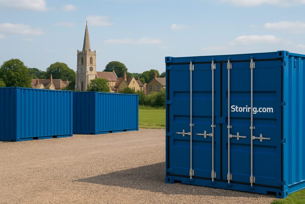 “Blue Storing.com storage containers near Lavendon village in Buckinghamshire countryside”