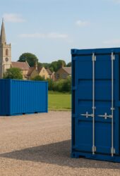 “Blue Storing.com storage containers near Lavendon village in Buckinghamshire countryside”
