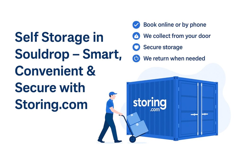 Illustration of a person moving items with a hand truck in front of a blue storage container. Text promotes secure self-storage services with booking and pick-up options.