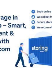 Illustration of a person moving items with a hand truck in front of a blue storage container. Text promotes secure self-storage services with booking and pick-up options.