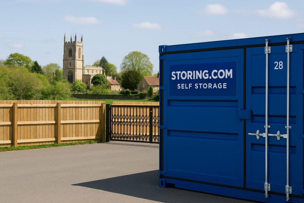 “Storing.com blue container units near Poddington village in Bedfordshire countryside with secure access”