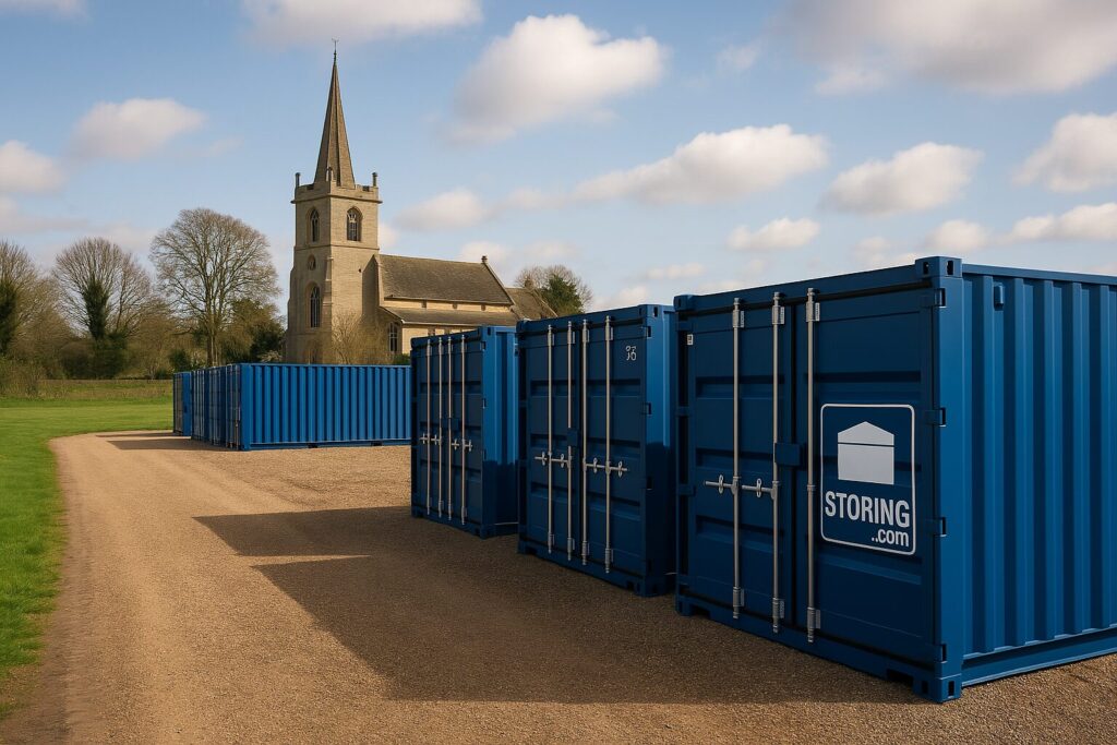 “Secure Storing.com storage containers near Milton Ernest village in rural Bedfordshire countryside”