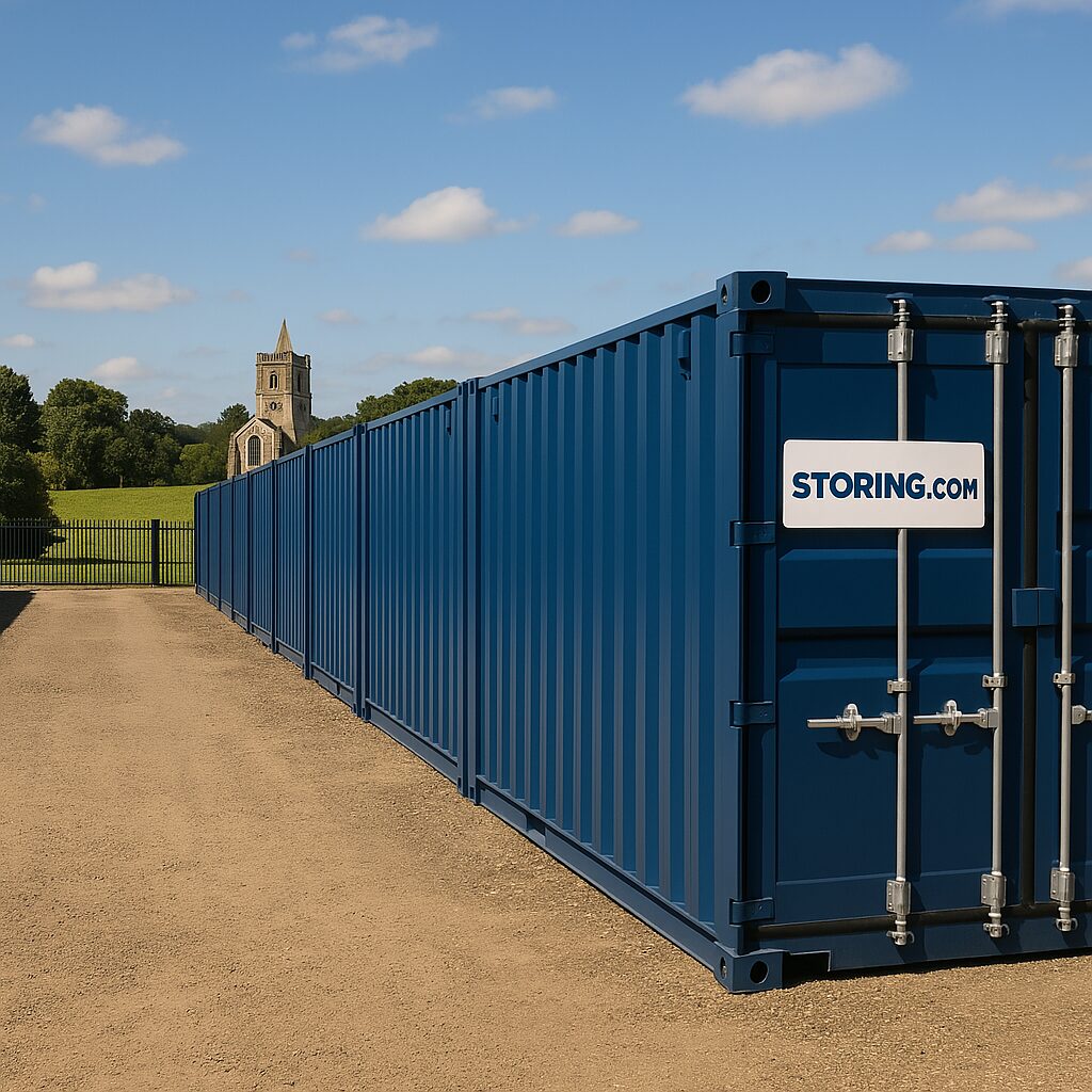 “Storing.com container storage near Riseley, Bedfordshire, with rural countryside access and secure gated facility”
