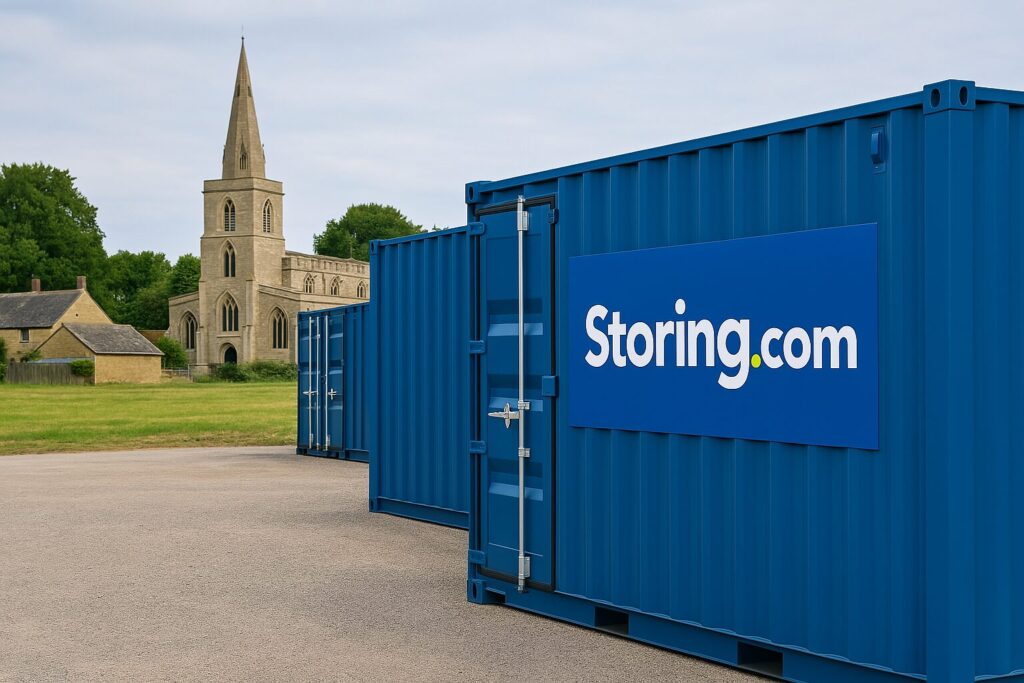 “Secure container storage near Wollaston village with countryside backdrop”