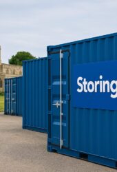 “Secure container storage near Wollaston village with countryside backdrop”