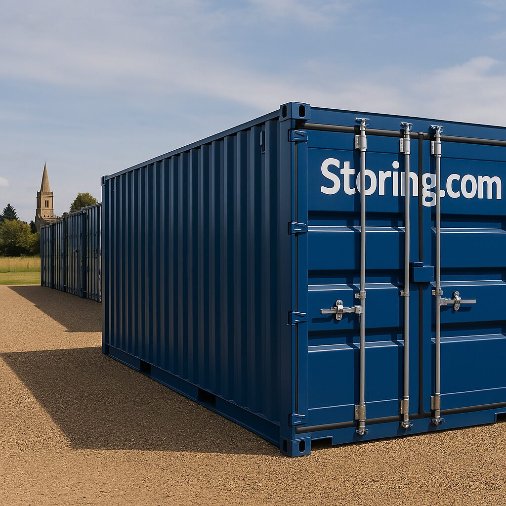 Blue storage containers on a gravel path, with a church steeple visible in the background on a clear day.