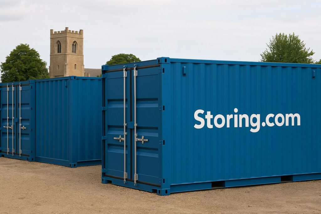 “Storing.com blue self storage containers near Melchbourne in rural Bedfordshire”
