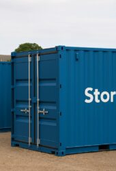 “Storing.com blue self storage containers near Melchbourne in rural Bedfordshire”