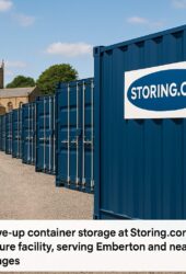 Blue storage containers lined up outdoors, with a Storing.com sign. Church in the background. Text overlay promoting storage services in Emberton and nearby villages.