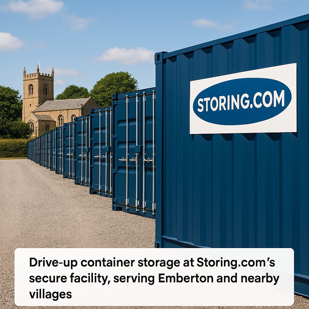 Blue storage containers lined up outdoors, with a Storing.com sign. Church in the background. Text overlay promoting storage services in Emberton and nearby villages.