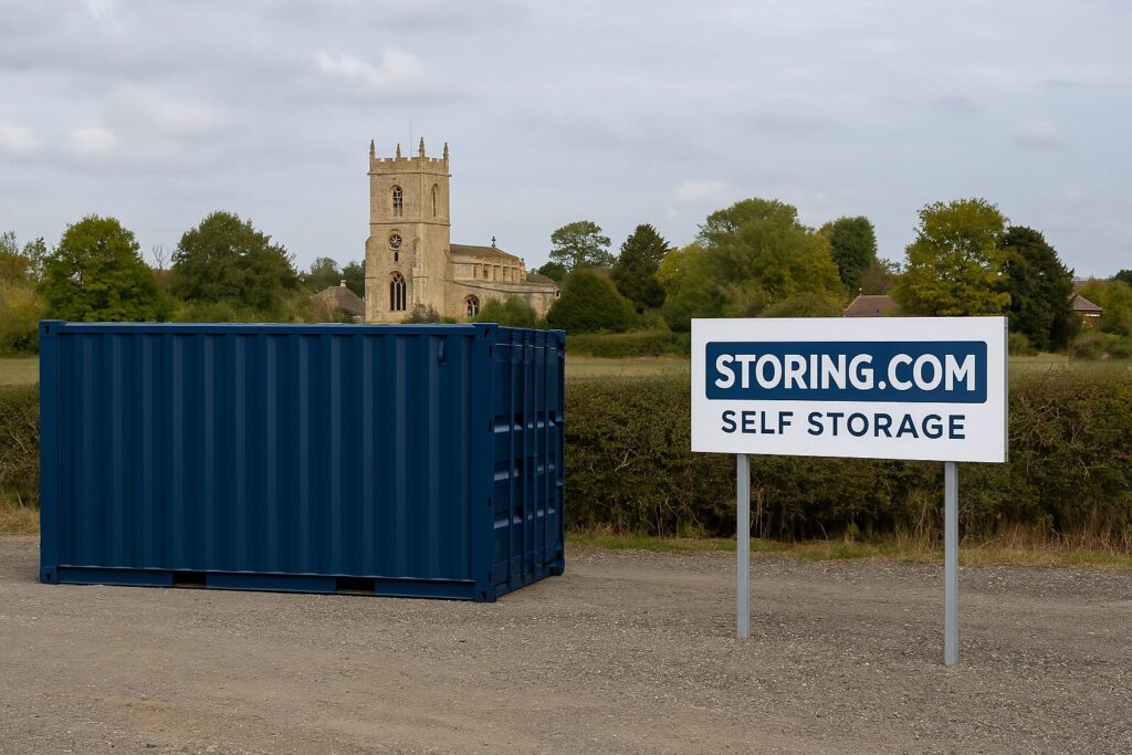 A blue shipping container sits next to a sign reading "STORING.COM SELF STORAGE" in front of a hedge. A church with a tower is visible in the background.