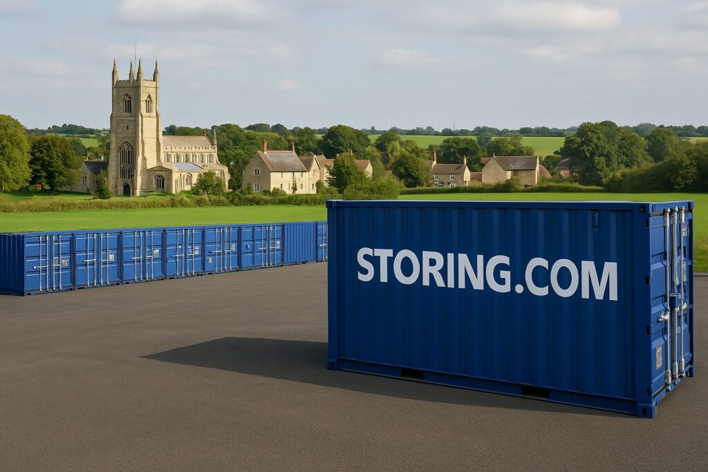 Blue shipping containers with "STORING.COM" are placed on asphalt, set against a rural landscape with a stone church and countryside houses in the background.