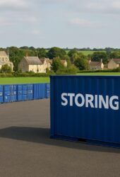 Blue shipping containers with "STORING.COM" are placed on asphalt, set against a rural landscape with a stone church and countryside houses in the background.