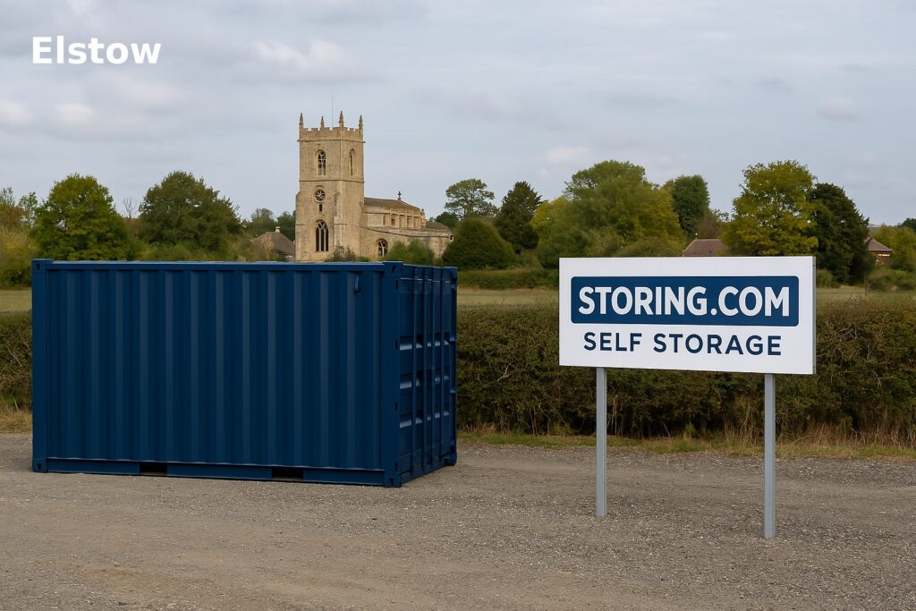 A blue shipping container and a storing.com self storage sign are positioned on a gravel lot, with a church and trees in the background. The word "Elstow" appears in the top left corner.