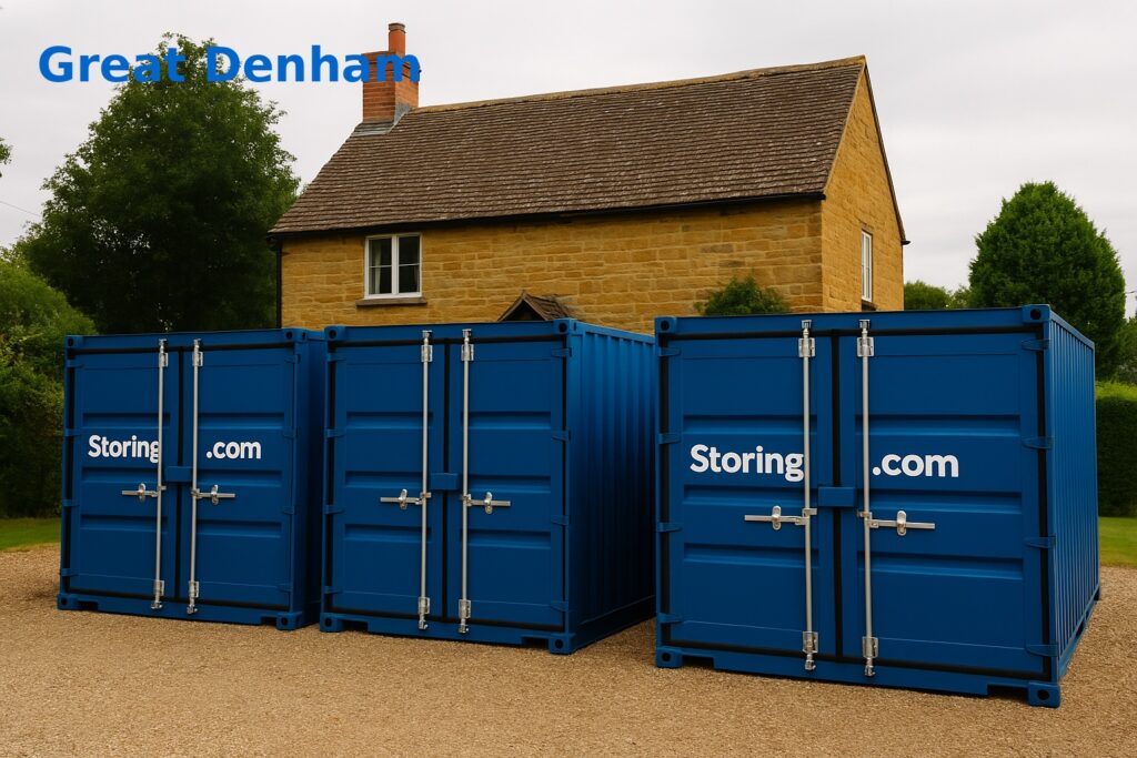 Three blue storage containers labeled "Storing.com" stand in front of a house with "Great Denham" written in blue text in the top left corner.