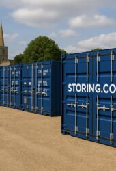 Two blue storage containers with "STORING.COM" are placed on a dirt road near a church with a tall steeple, surrounded by trees and under a partially cloudy sky.