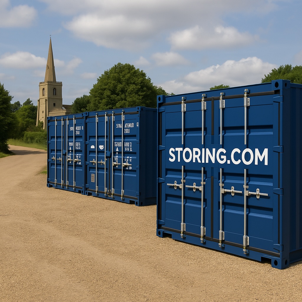 Two blue storage containers with "STORING.COM" are placed on a dirt road near a church with a tall steeple, surrounded by trees and under a partially cloudy sky.
