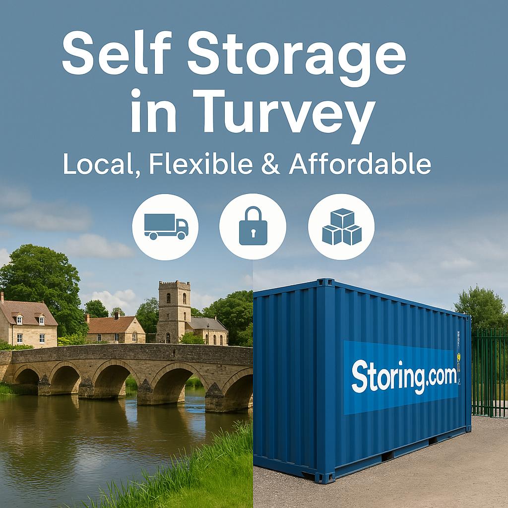 “Blue storage containers at Storing.com’s Bletsoe depot near Turvey village, Bedfordshire, with secure gated access and countryside setting”