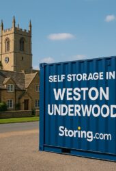 Storing.com self storage container unit branded for Weston Underwood village in a rural storage yard