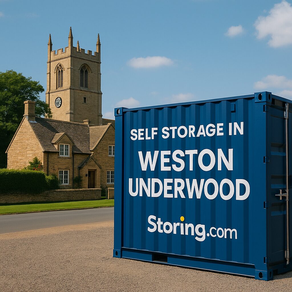 Storing.com self storage container unit branded for Weston Underwood village in a rural storage yard