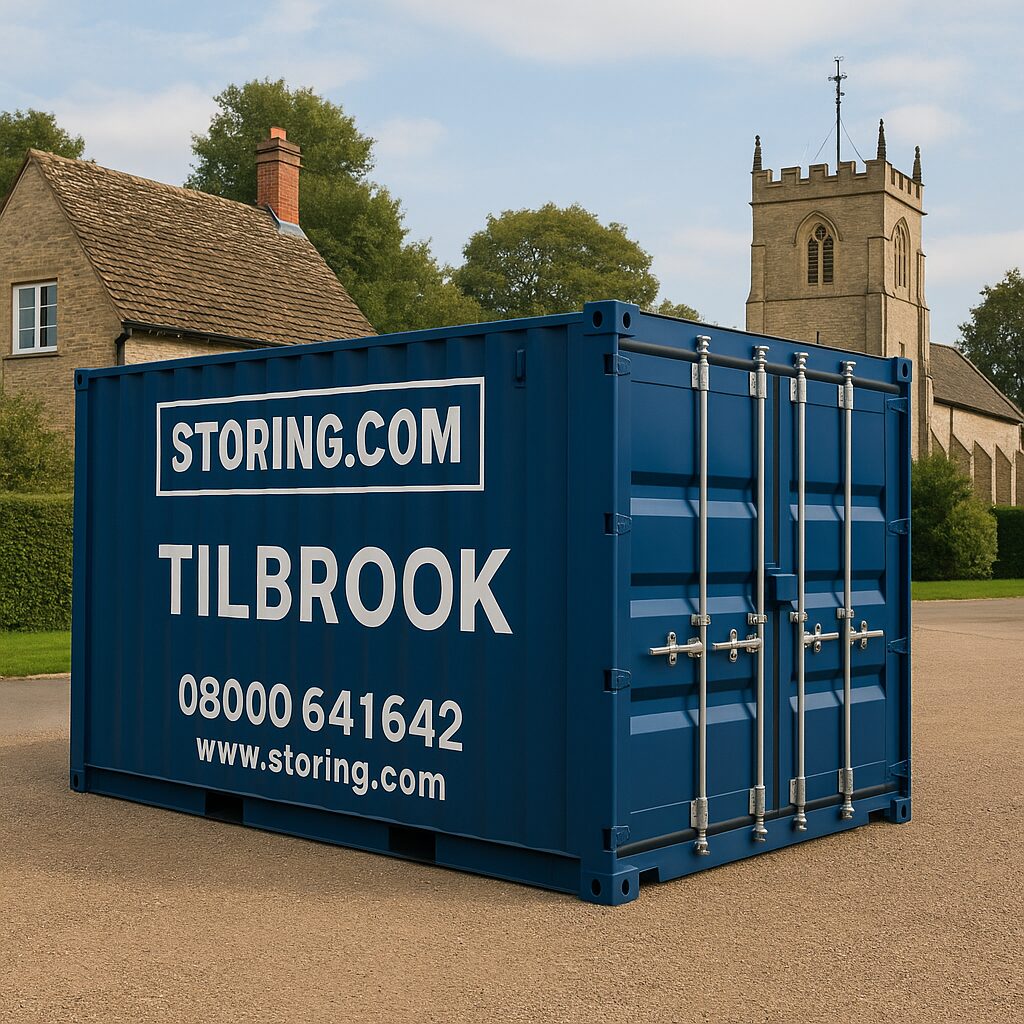 Self storage containers at a rural facility near Tilbrook with village name overlaid