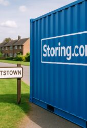 A Blue Storing.com self storage container near Shortstown with village name overlay