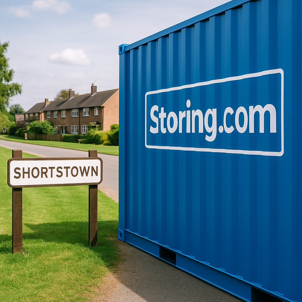 A Blue Storing.com self storage container near Shortstown with village name overlay