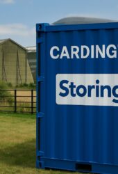 Self storage container near Cardington village with RAF airship hangars in the background