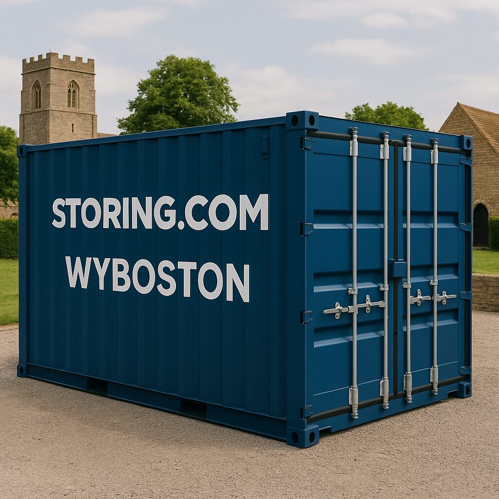 Storing.com self storage container facility near Wyboston with clear signage and rural backdrop