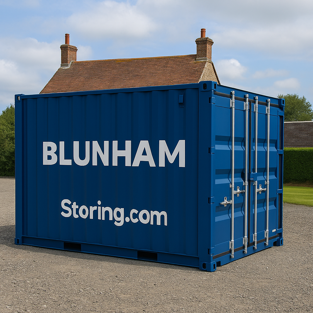 A large blue shipping container labeled "BLUNHAM" and "Storing.com" is placed in an outdoor area with a house in the background.